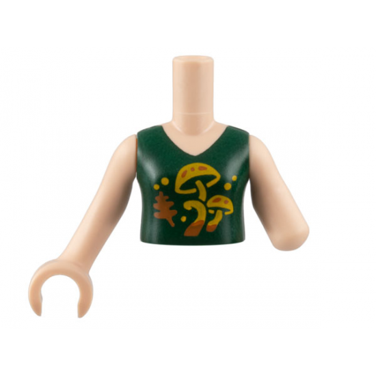 Torso Mini Doll Girl Dark Green Top, Bright Light Orange Mushrooms, Dark Orange Leaf Pattern, Light Nougat Arm Left, Light Nougat Arm with Hand Right
