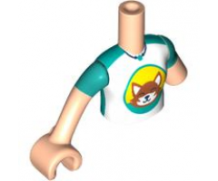 Torso Mini Doll Girl Dark Turquoise and White Top with Dark Orange Fox Pattern, Light Nougat Arm with Dark Turquoise Short Sleeve Left, Light Nougat Arm with Hand with Dark Turquoise Short Sleeve Right