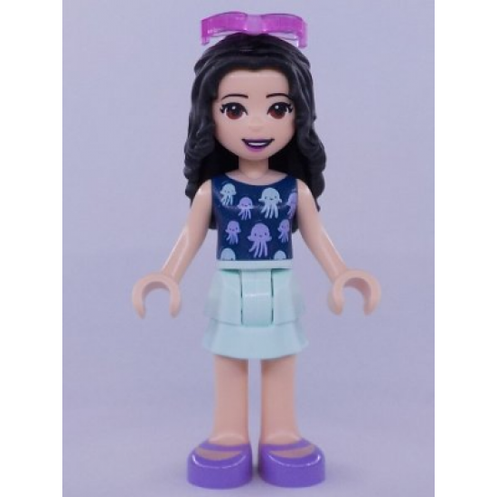 Friends Emma, Light Aqua Layered Skirt, Dark Blue Top with Jellyfish, Trans-Dark Pink Sunglasses