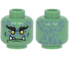 Minifigure, Head Alien with Black Bushy Eyebrows, Yellow Eyes, White Lower Fangs, and Sand Blue Scales Pattern