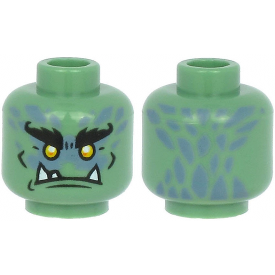 Minifigure, Head Alien with Black Bushy Eyebrows, Yellow Eyes, White Lower Fangs, and Sand Blue Scales Pattern