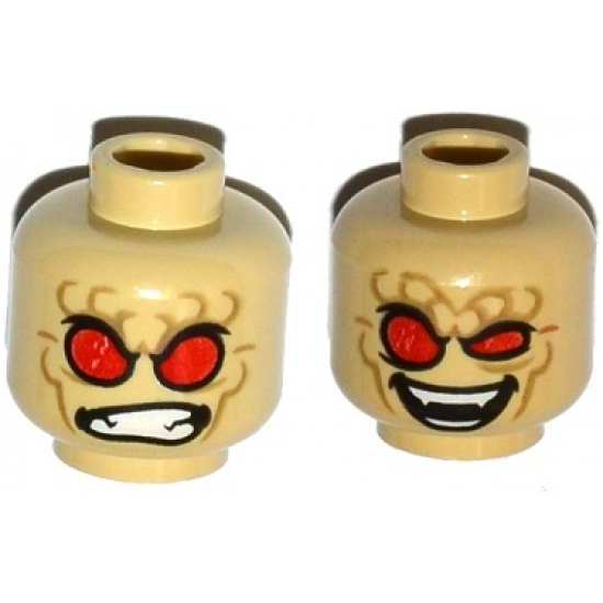 Minifigure, Head Dual Sided Alien with Red Eyes, Dark Tan Wrinkles, Angry Clenched Teeth / Evil Smile Pattern