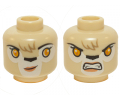 Minifigure, Head Dual Sided Alien Chima Lion Female with Orange Eyes, Black Nose, Forelock, Crooked Smile / Bared Teeth Pattern