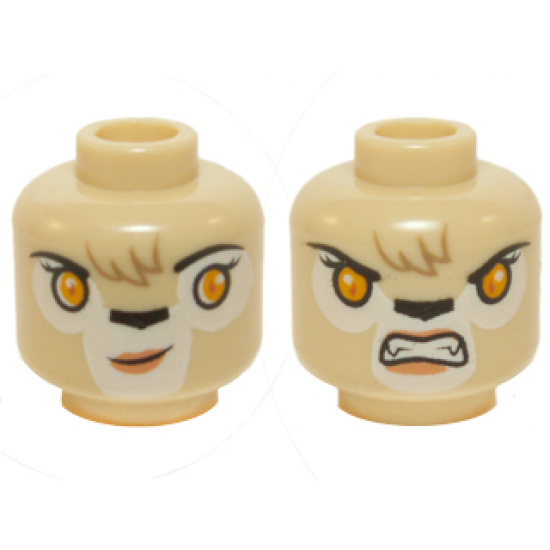 Minifigure, Head Dual Sided Alien Chima Lion Female with Orange Eyes, Black Nose, Forelock, Crooked Smile / Bared Teeth Pattern