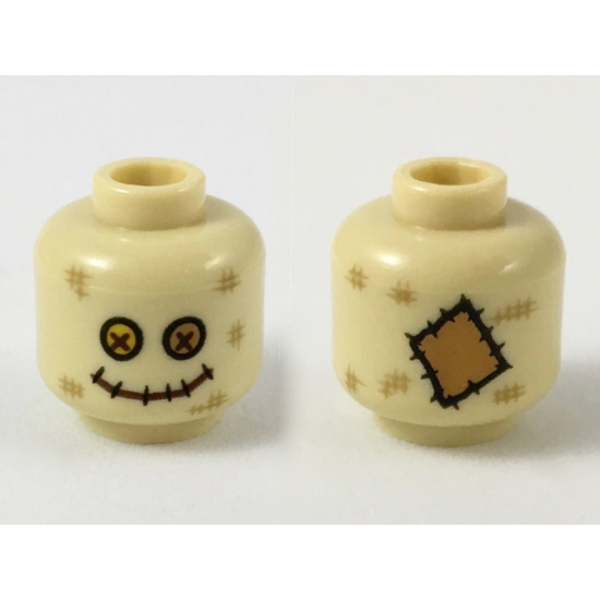 Minifigure, Head Dark Tan Scuff Marks, Bright Light Orange and Medium Nougat Button Eyes, Stitched Mouth (Scarecrow) Pattern