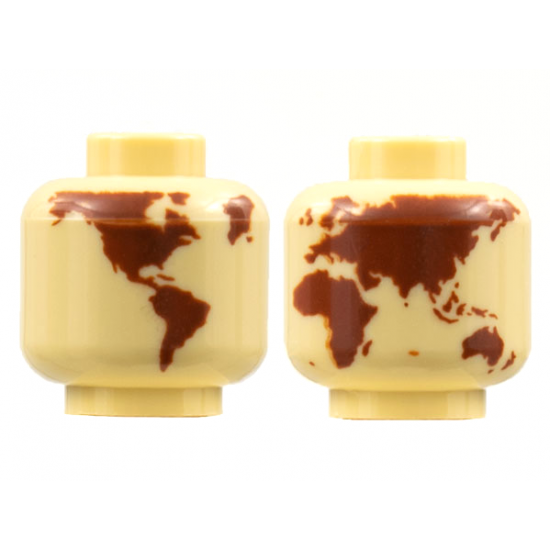 Minifigure, Head without Face with Reddish Brown Globe World Map without Japan and Hawaii Pattern