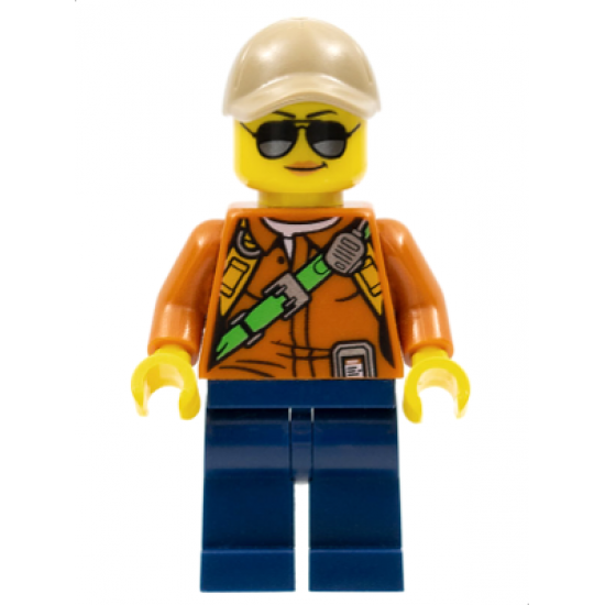City Jungle Explorer Female - Dark Orange Shirt with Green Strap, Dark Blue Legs, Dark Tan Cap with Hole, Sunglasses