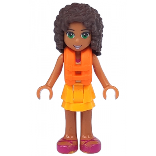 Friends Andrea, Bright Light Orange Layered Skirt, Tan Top with Bright Light Orange Chevron Stripes, Life Jacket