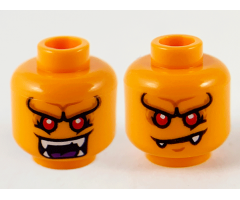 Minifigure, Head Dual Sided Alien, Pronounced Brow, Red Eyes, White Fangs, Wide Open Mouth / Lopsided Frown Pattern