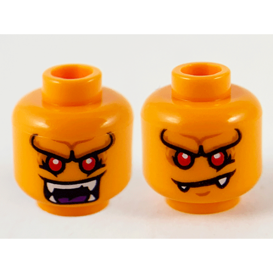 Minifigure, Head Dual Sided Alien, Pronounced Brow, Red Eyes, White Fangs, Wide Open Mouth / Lopsided Frown Pattern