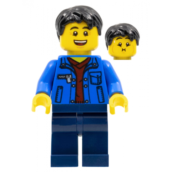 Man, Black Hair, Blue Jacket, Dark Red Shirt, Dark Blue Legs