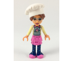 Friends Olivia, Dark Pink Skirt and Dark Blue Leggings, Sand Green Sweater with Bright Yellow Jacket, White Chef Toque with Hair