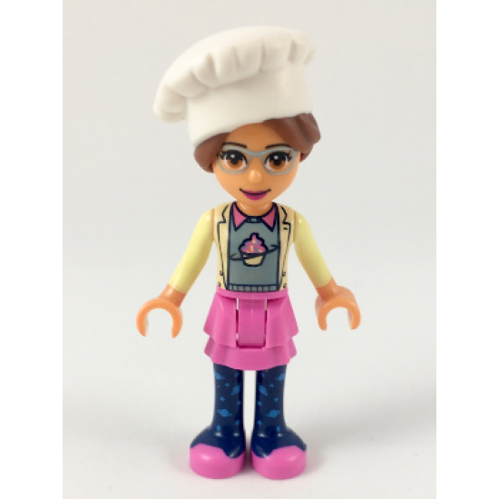 Friends Olivia, Dark Pink Skirt and Dark Blue Leggings, Sand Green Sweater with Bright Yellow Jacket, White Chef Toque with Hair