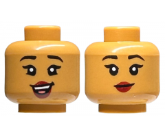 Minifigure, Head Dual Sided Female Black Eyebrows, Dark Red Lips, Lopsided Open Mouth Smile with Teeth and Tongue / Closed Mouth Pattern
