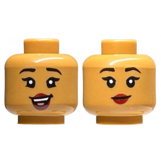 Minifigure, Head Dual Sided Female Black Eyebrows, Dark Red Lips, Lopsided Open Mouth Smile with Teeth and Tongue / Closed Mouth Pattern
