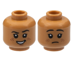 Minifigure, Head Dual Sided Child, Black Eyebrows and Eyes with White Pupils, Smirk with Open Mouth Smile, Reddish Brown Freckles / Sad Pattern