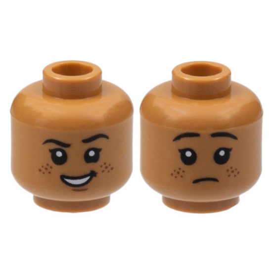 Minifigure, Head Dual Sided Child, Black Eyebrows and Eyes with White Pupils, Smirk with Open Mouth Smile, Reddish Brown Freckles / Sad Pattern