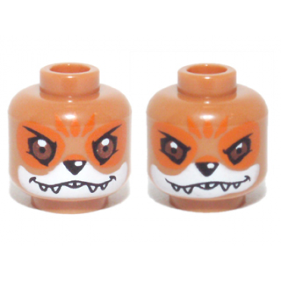 Minifigure, Head Dual Sided Alien Chima Fox with Black Nose, Reddish Brown Eyes, Orange Eye Shadow and Forehead Marks, White Muzzle and Sharp Teeth, Happy / Fierce Pattern