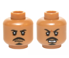 Minifigure, Head Dual Sided Black Moustache and Goatee, White Pupils, Neutral / Open Mouth Scowling Teeth Pattern (Tasu Leech)