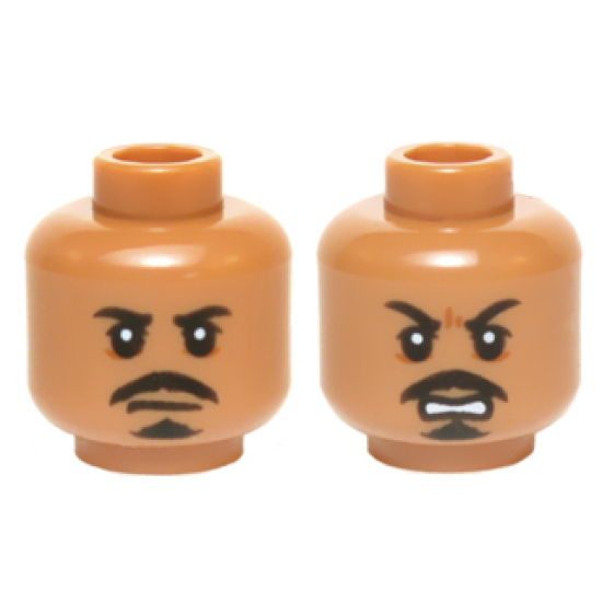 Minifigure, Head Dual Sided Black Moustache and Goatee, White Pupils, Neutral / Open Mouth Scowling Teeth Pattern (Tasu Leech)