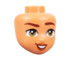 Mini Doll, Head Friends with Reddish Brown Eyebrows Raised, Olive Green Eyes, Dark Orange Lips, and Lopsided Open Mouth Smile with Teeth Pattern