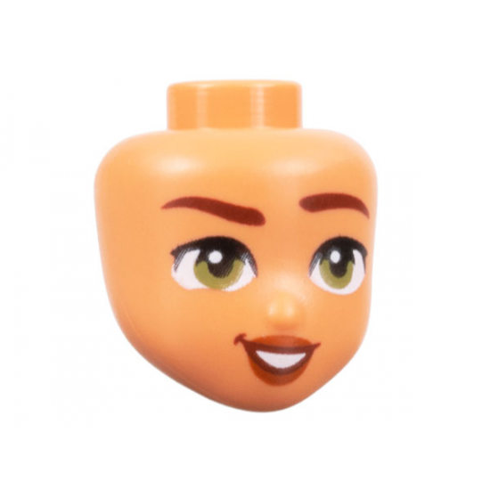Mini Doll, Head Friends with Reddish Brown Eyebrows Raised, Olive Green Eyes, Dark Orange Lips, and Lopsided Open Mouth Smile with Teeth Pattern