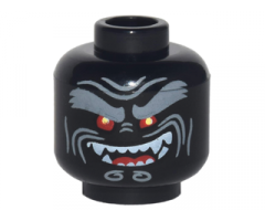 Minifigure, Head Alien with Light Bluish Gray Bushy Eyebrows, Red Eyes, Open Mouth Crooked Smile Left Raised with Fangs Pattern