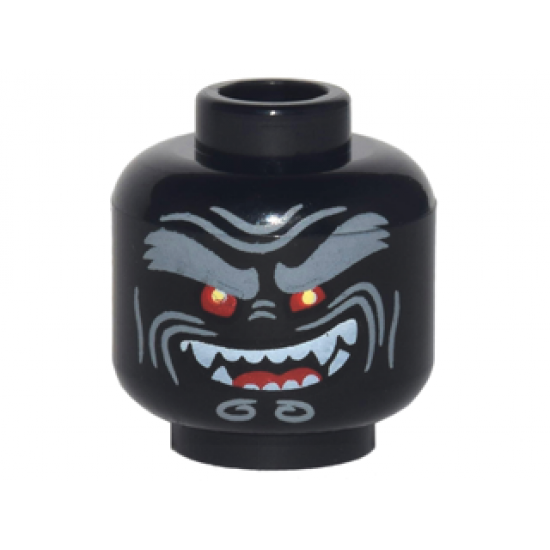 Minifigure, Head Alien with Light Bluish Gray Bushy Eyebrows, Red Eyes, Open Mouth Crooked Smile Left Raised with Fangs Pattern