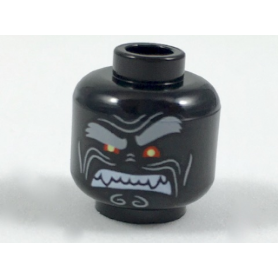 Minifigure, Head Alien with Light Bluish Gray Bushy Eyebrows, Left Raised Eyebrow, Red Eyes and Clenched White Fangs Pattern