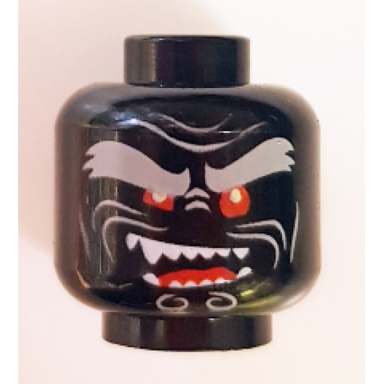 Minifigure, Head Alien with Light Bluish Gray Bushy Eyebrows, Red Eyes, Open Mouth Crooked Smile Right Raised with Fangs Pattern