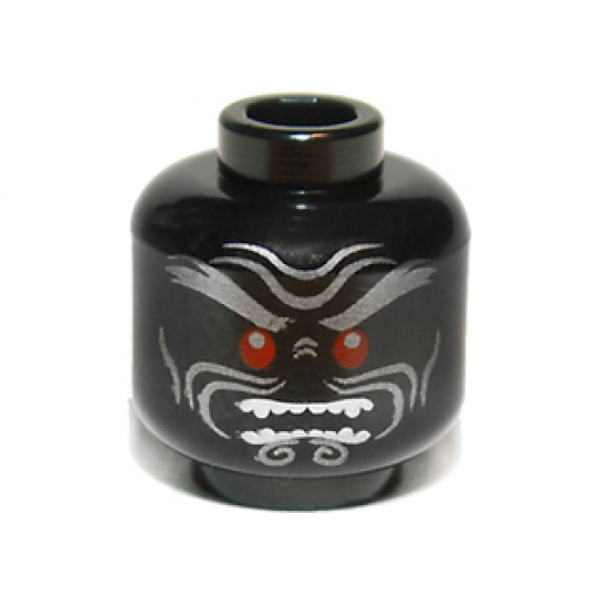 Minifigure, Head Alien with Silver Thick Bushy Eyebrows, Cheek Lines and Chin Swirls, Red Eyes, Furrowed Brow, Angry Open Mouth with Sharp Teeth Parted Pattern