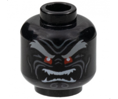 Minifigure, Head Light Bluish Gray Bushy Eyebrows, Red Eyes, Dark Bluish Gray Wrinkles, Furrowed Brow, Angry Open Mouth with White Sharp Teeth Parted Pattern