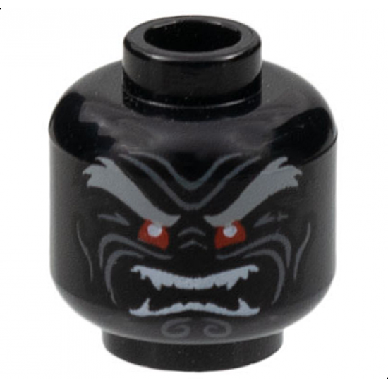 Minifigure, Head Light Bluish Gray Bushy Eyebrows, Red Eyes, Dark Bluish Gray Wrinkles, Furrowed Brow, Angry Open Mouth with White Sharp Teeth Parted Pattern