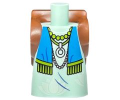 Body Short Dress with Arm Pin Holes with Molded Reddish Brown Backpack and Printed White Flowers, Dark Azure Scarf with Lime Tassels, and Necklaces Pattern