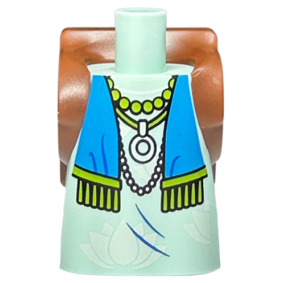 Body Short Dress with Arm Pin Holes with Molded Reddish Brown Backpack and Printed White Flowers, Dark Azure Scarf with Lime Tassels, and Necklaces Pattern