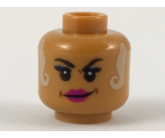 Minifigure, Head Female Black Eyebrows, White Locks Hanging on Both Sides, Magenta Lips Smirk Pattern