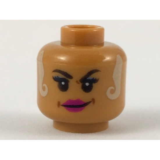 Minifigure, Head Female Black Eyebrows, White Locks Hanging on Both Sides, Magenta Lips Smirk Pattern