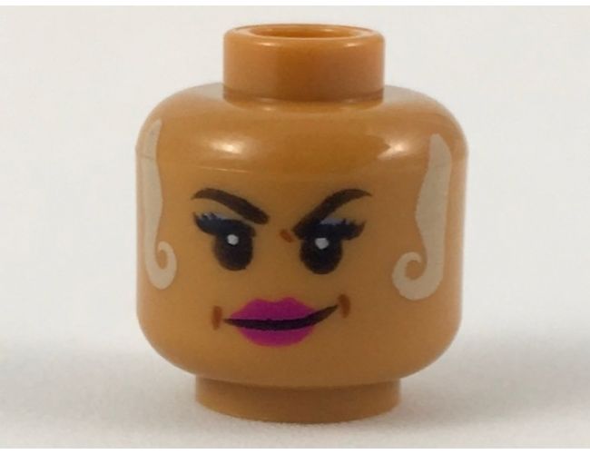 Minifigure, Head Female Black Eyebrows, White Locks Hanging on Both Sides, Magenta Lips Smirk Pattern