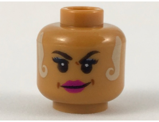 Minifigure, Head Female Black Eyebrows, White Locks Hanging on Both Sides, Magenta Lips Smirk Pattern