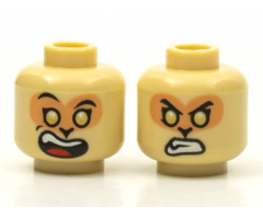 Minifigure, Head Dual Sided Alien Black Eyebrows, Nougat Face, Gold Eyes, Wide Open Mouth Smile with Top Teeth and Red Tongue / Angry Bared Teeth Pattern