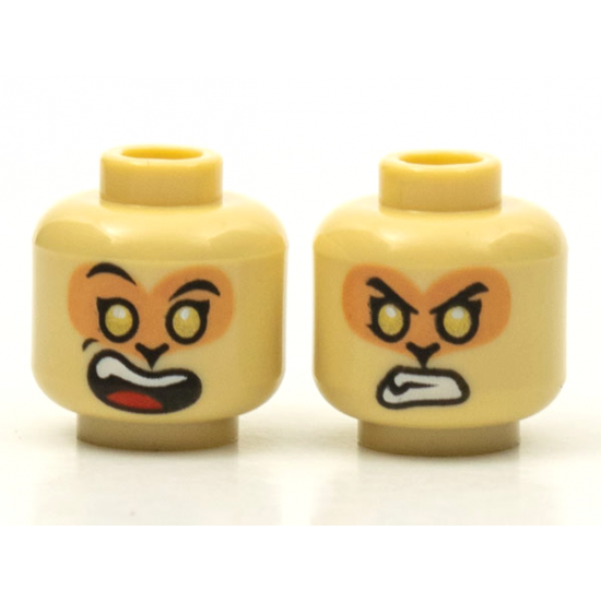 Minifigure, Head Dual Sided Alien Black Eyebrows, Nougat Face, Gold Eyes, Wide Open Mouth Smile with Top Teeth and Red Tongue / Angry Bared Teeth Pattern