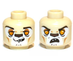 Minifigure, Head Dual Sided Alien Lion with Black Eyebrows, Bright Light Orange Eyes, Medium Nougat Eye Shadow and Cheek Lines, Dark Brown Nose, Lopsided Grin with Sharp Top Teeth / Surprised Open Mouth Pattern