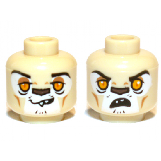 Minifigure, Head Dual Sided Alien Lion with Black Eyebrows, Bright Light Orange Eyes, Medium Nougat Eye Shadow and Cheek Lines, Dark Brown Nose, Lopsided Grin with Sharp Top Teeth / Surprised Open Mouth Pattern