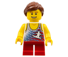 Tank Top with Surfer Silhouette, Red Short Legs, Reddish Brown Ponytail and Swept Sideways Fringe