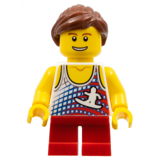 Tank Top with Surfer Silhouette, Red Short Legs, Reddish Brown Ponytail and Swept Sideways Fringe