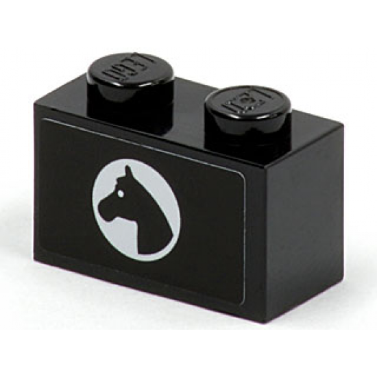 Brick 1 x 2 with Horse Head in White Circle Facing Left Pattern (Sticker) - Set 7635