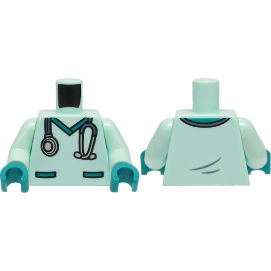 Torso Hospital Scrubs with Dark Turquoise Pockets and Collar and Sand Blue and Silver Stethoscope Pattern / Light Aqua Arms / Dark Turquoise Hands