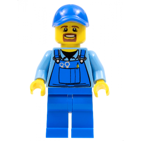 Overalls with Tools in Pocket Blue, Blue Cap with Hole, Brown Moustache and Goatee