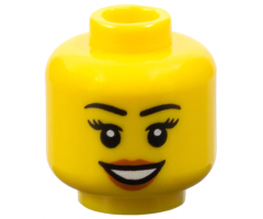 Minifigure, Head Female Black Eyebrows and Eyelashes, Medium Nougat Lips, and Open Mouth Smile with Teeth Pattern
