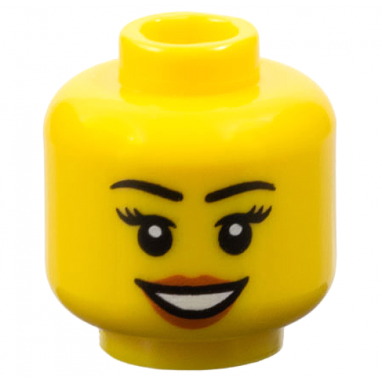 Minifigure, Head Female Black Eyebrows and Eyelashes, Medium Nougat Lips, and Open Mouth Smile with Teeth Pattern